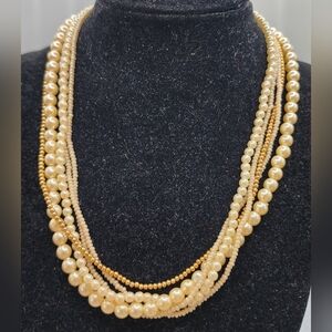 Layered Pearl & Gold Beaded Necklace 5 layer Vintage VTG 16" Choker